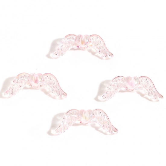 Picture of Acrylic Guardian Angel Wing Beads For DIY Jewelry Making Pink AB Rainbow Color Wing Transparent About 3.4cm x 1.4cm, Hole: Approx 2.4mm, 10 PCs