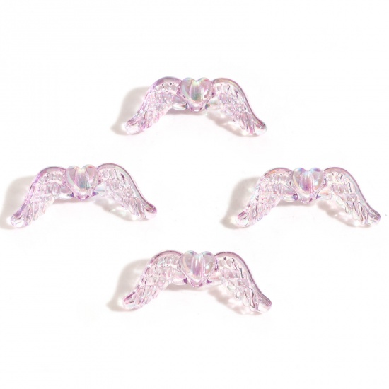 Picture of Acrylic Guardian Angel Wing Beads For DIY Jewelry Making Purple AB Rainbow Color Wing Transparent About 3.4cm x 1.4cm, Hole: Approx 2.4mm, 10 PCs