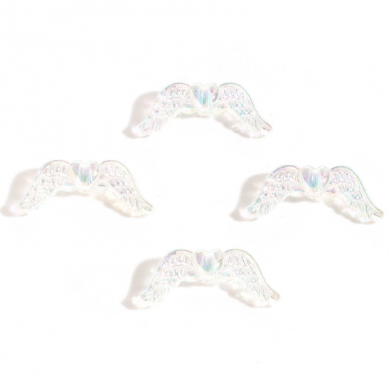 Picture of Acrylic Guardian Angel Wing Beads For DIY Jewelry Making White AB Rainbow Color Wing Transparent About 3.4cm x 1.4cm, Hole: Approx 2.4mm, 10 PCs