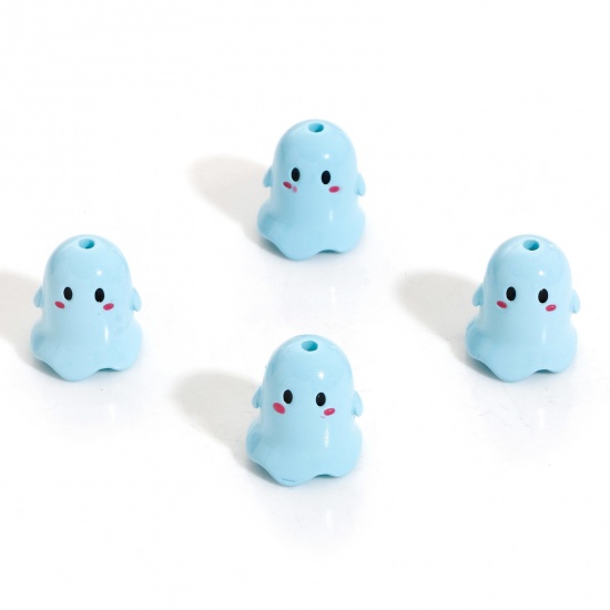 Picture of Acrylic Beads For DIY Charm Jewelry Making Blue Halloween Ghost Painted About 17mm x 15mm, Hole: Approx 1.8mm, 5 PCs