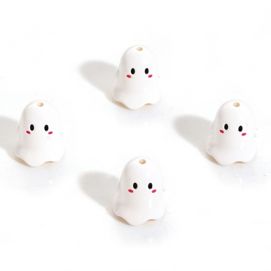 Picture of Acrylic Beads For DIY Charm Jewelry Making White Halloween Ghost Painted About 17mm x 15mm, Hole: Approx 1.8mm, 5 PCs