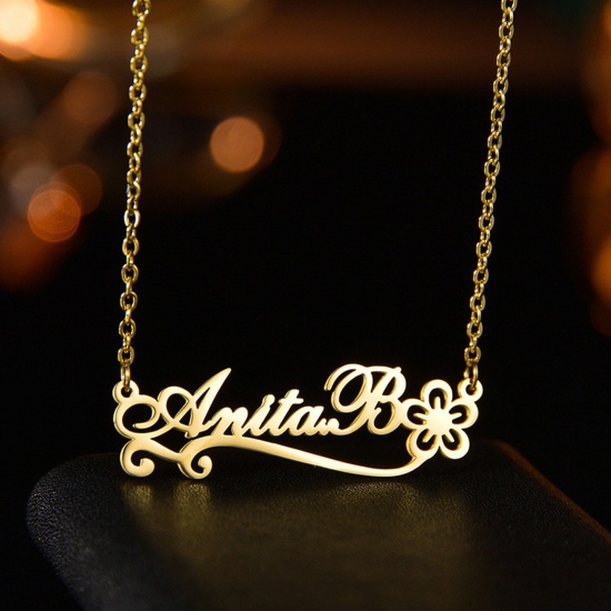 Immagine di 304 Acciaio Inossidabile Collana con Nome Personalizzato Ciondolo con Lettera Personalizzata Fiore Oro Placcato 45cm Lunghezza, 1 Pz
