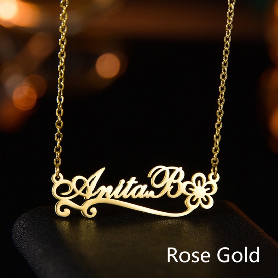 Immagine di 304 Acciaio Inossidabile Collana con Nome Personalizzato Ciondolo con Lettera Personalizzata Fiore Oro Rosa 45cm Lunghezza, 1 Pz