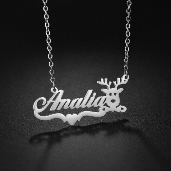 Picture of 304 Stainless Steel Customized Name Necklace Personalized Letter Pendant Christmas Reindeer Silver Tone 45cm(17 6/8") long, 1 Piece
