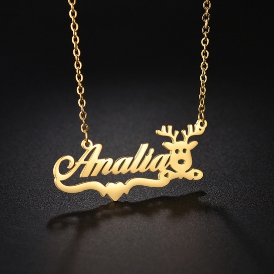 Picture of 304 Stainless Steel Customized Name Necklace Personalized Letter Pendant Christmas Reindeer Gold Plated 45cm(17 6/8") long, 1 Piece