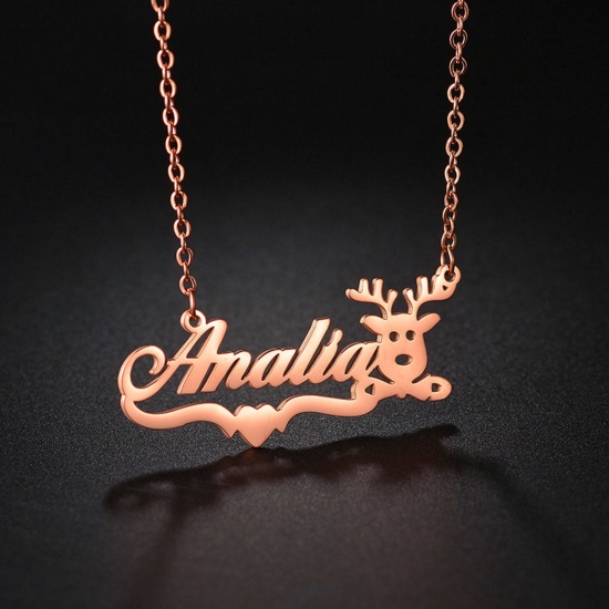 Picture of 304 Stainless Steel Customized Name Necklace Personalized Letter Pendant Christmas Reindeer Rose Gold 45cm(17 6/8") long, 1 Piece