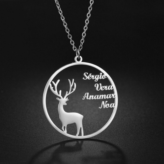 Picture of 304 Stainless Steel Customized Name Necklace Personalized Letter Pendant Christmas Reindeer Silver Tone 45cm(17 6/8") long, 1 Piece