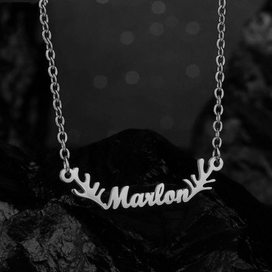 Picture of 304 Stainless Steel Customized Name Necklace Personalized Letter Pendant Antler Silver Tone 45cm(17 6/8") long, 1 Piece