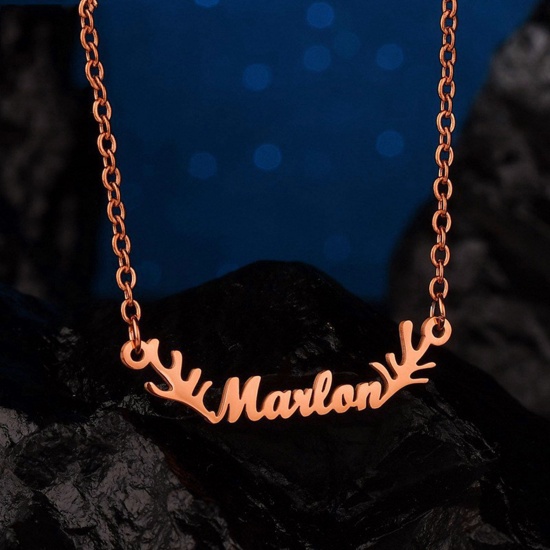 Picture of 304 Stainless Steel Customized Name Necklace Personalized Letter Pendant Antler Rose Gold 45cm(17 6/8") long, 1 Piece