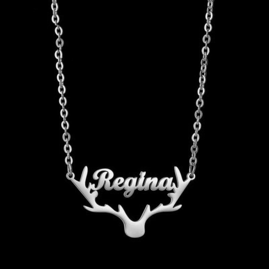 Picture of 304 Stainless Steel Customized Name Necklace Personalized Letter Pendant Antler Silver Tone 45cm(17 6/8") long, 1 Piece