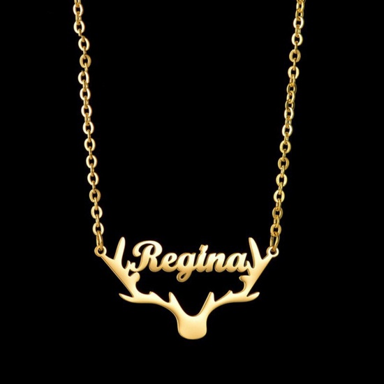 Picture of 304 Stainless Steel Customized Name Necklace Personalized Letter Pendant Antler Gold Plated 45cm(17 6/8") long, 1 Piece
