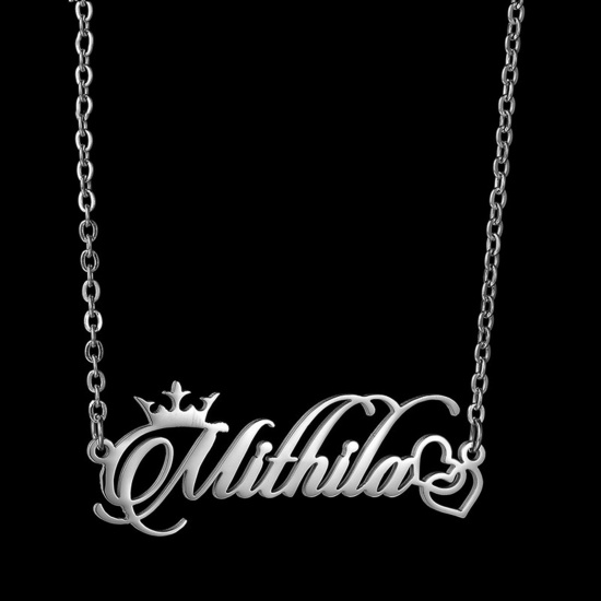 Picture of 304 Stainless Steel Customized Name Necklace Personalized Letter Pendant Crown Silver Tone 45cm(17 6/8") long, 1 Piece