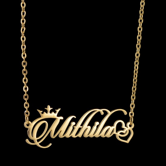 Picture of 304 Stainless Steel Customized Name Necklace Personalized Letter Pendant Crown Gold Plated 45cm(17 6/8") long, 1 Piece