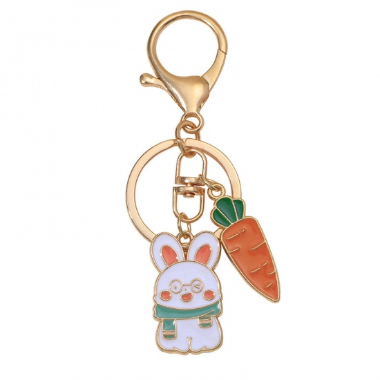 Immagine di Carino Anello Portachiavi Oro Placcato Carota Coniglio Smalto 9.7cm x 2.4cm, 1 Pz