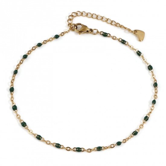 Picture of 304 Stainless Steel Link Cable Chain Anklet 18K Gold Color Dark Green Enamel 23.5cm(9 2/8") long, 1 Piece