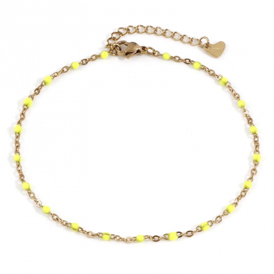 Picture of 304 Stainless Steel Link Cable Chain Anklet 18K Gold Color Neon Yellow Enamel 23.5cm(9 2/8") long, 1 Piece