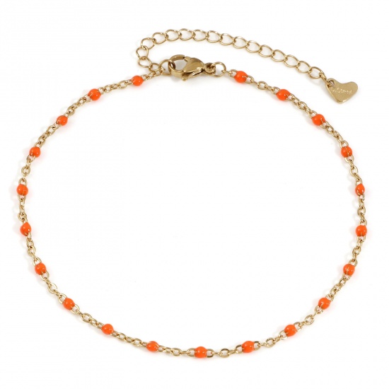 Picture of 304 Stainless Steel Link Cable Chain Anklet 18K Gold Color Orange Enamel 23.5cm(9 2/8") long, 1 Piece