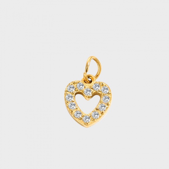 Picture of 1 Piece Eco-friendly PVD Vacuum Plating 316 Stainless Steel Charms 14K Gold Plated Heart Micro Pave Clear Rhinestone 8mm Dia.