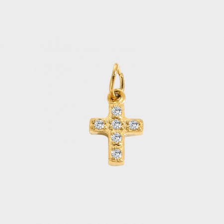 Picture of 1 Piece Eco-friendly PVD Vacuum Plating 316 Stainless Steel Charms 14K Gold Plated Cross Micro Pave Clear Rhinestone 8mm Dia.