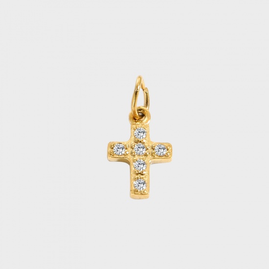 Picture of 1 Piece Eco-friendly PVD Vacuum Plating 316 Stainless Steel Charms 14K Gold Plated Cross Micro Pave Clear Rhinestone 8mm Dia.