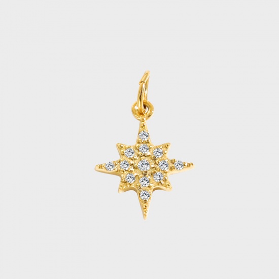 Picture of 1 Piece Eco-friendly PVD Vacuum Plating 316 Stainless Steel Charms 14K Gold Plated Star Micro Pave Clear Rhinestone 8mm Dia.