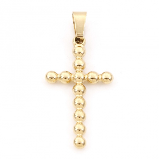 Picture of 1 Piece Eco-friendly PVD Vacuum Plating 304 Stainless Steel Charms 18K Gold Plated Cross 4cm x 1.8cm