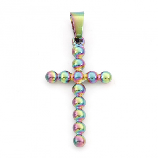 Picture of 1 Piece Eco-friendly PVD Vacuum Plating 304 Stainless Steel Charms Rainbow Color Plated Cross 4cm x 1.8cm