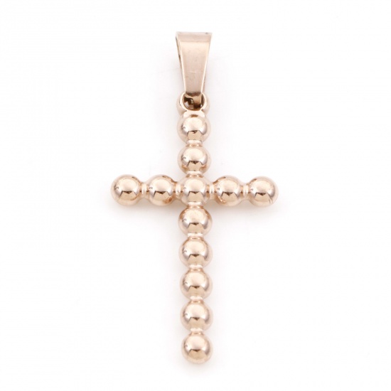 Picture of 1 Piece Eco-friendly PVD Vacuum Plating 304 Stainless Steel Charms Rose Gold Cross 4cm x 1.8cm