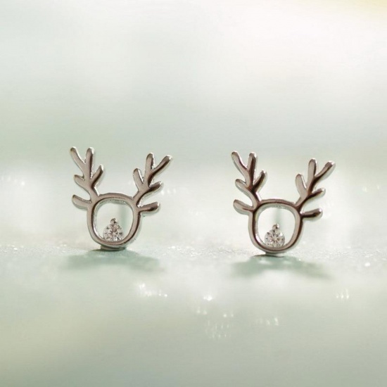 Picture of Brass Christmas Ear Post Stud Earrings Platinum Plated Pere David's Deer 1cm, 1 Pair                                                                                                                                                                          