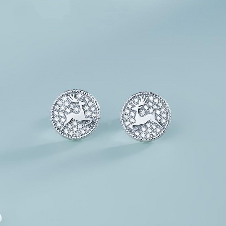 Picture of Brass Ear Post Stud Earrings Platinum Plated Round Christmas Reindeer 1cm, 1 Pair