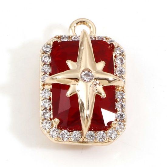 Picture of Brass & Glass Galaxy Charms 18K Real Gold Plated Red Rectangle Star Clear Cubic Zirconia 17.5mm x 11mm, 1 Piece