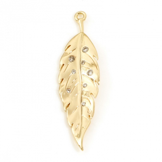 Picture of Brass Pendants 18K Real Gold Plated Feather Leaf Clear Cubic Zirconia 3.7cm x 0.9cm, 2 PCs                                                                                                                                                                    