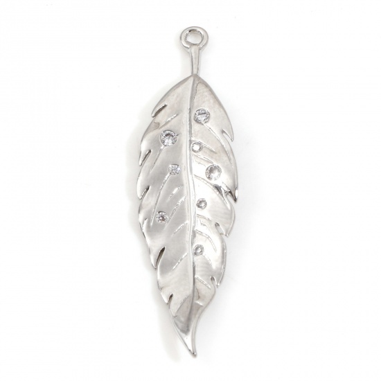 Picture of Brass Pendants Real Platinum Plated Feather Leaf Clear Cubic Zirconia 3.7cm x 0.9cm, 2 PCs                                                                                                                                                                    