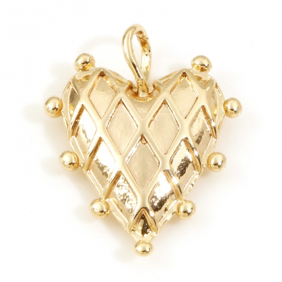 Picture of Brass Valentine's Day Charms 18K Real Gold Plated Heart Grid Checker 19mm x 14mm, 2 PCs                                                                                                                                                                       