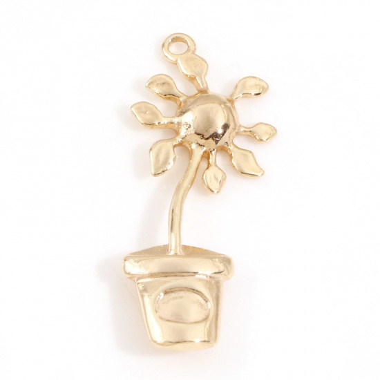 Imagen de Latón Colgantes Charms Flor 18K Oro Real Chapado Maceta Planta 26.5mm x 10mm, 2 Unidades