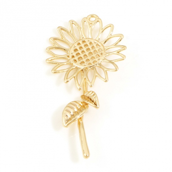 Imagen de Latón Colgantes Charms Girasol 18K Oro Real Chapado Hueco 28mm x 13mm, 2 Unidades