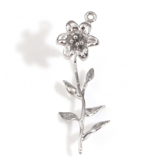 Picture of Brass Charms Real Platinum Plated Flower 3D 3.3cm x 1.1cm, 2 PCs