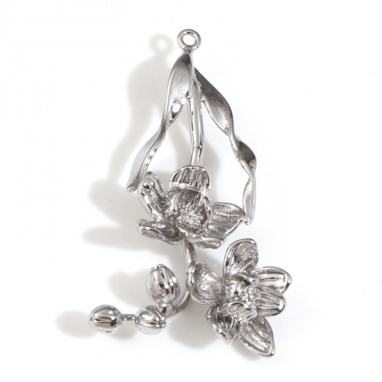 Picture of Brass Charms Real Platinum Plated Flower 3D 3.9cm x 2cm, 2 PCs