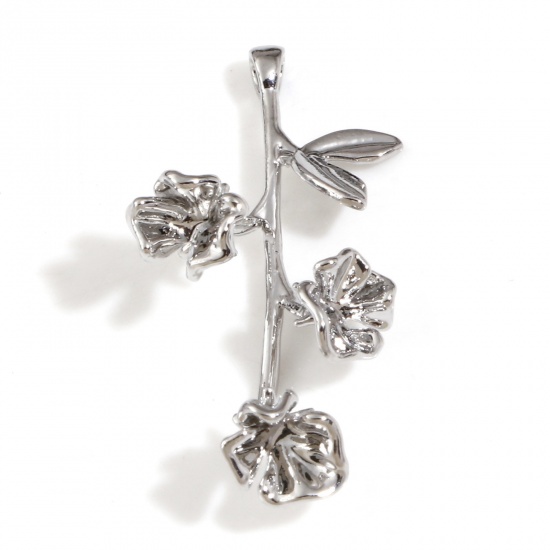 Picture of Brass Charms Real Platinum Plated Flower 3D 3cm x 1.6cm, 2 PCs