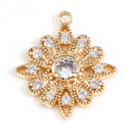 Picture of Brass Charms 18K Real Gold Plated Flower Clear Cubic Zirconia 16mm x 14mm, 2 PCs
