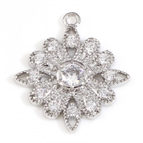 Picture of Brass Charms Real Platinum Plated Flower Clear Cubic Zirconia 16mm x 14mm, 2 PCs