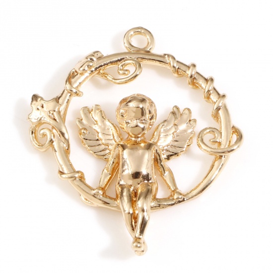 Picture of Brass Religious Charms 18K Real Gold Plated Flower Vine Angel 23mm x 19mm, 2 PCs