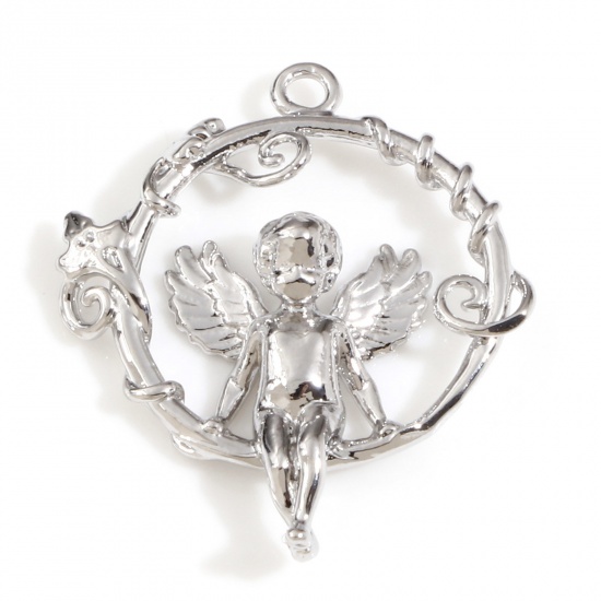 Picture of Brass Religious Charms Real Platinum Plated Flower Vine Angel 23mm x 19mm, 2 PCs