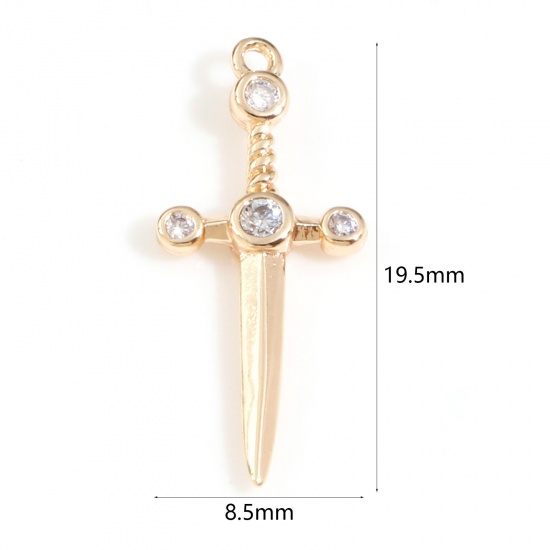 Picture of Brass Charms 18K Real Gold Plated Sword Clear Cubic Zirconia 19.5mm x 8.5mm, 2 PCs