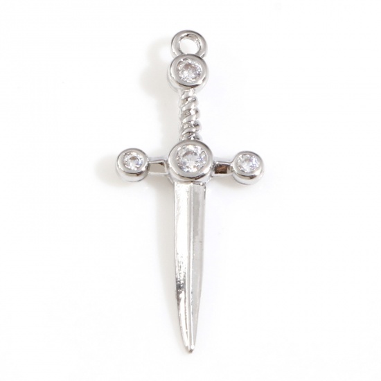 Picture of Brass Charms Real Platinum Plated Sword Clear Cubic Zirconia 19.5mm x 8.5mm, 2 PCs