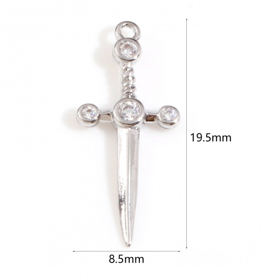 Picture of Brass Charms Real Platinum Plated Sword Clear Cubic Zirconia 19.5mm x 8.5mm, 2 PCs