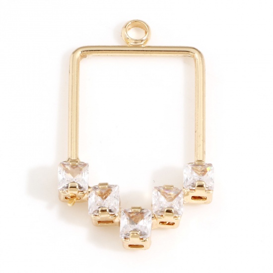 Picture of Brass Geometry Series Charms 18K Real Gold Plated Rectangle Clear Cubic Zirconia 25.5mm x 15mm, 2 PCs