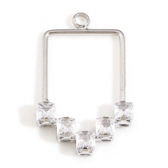 Picture of Brass Geometry Series Charms Real Platinum Plated Rectangle Clear Cubic Zirconia 25.5mm x 15mm, 2 PCs