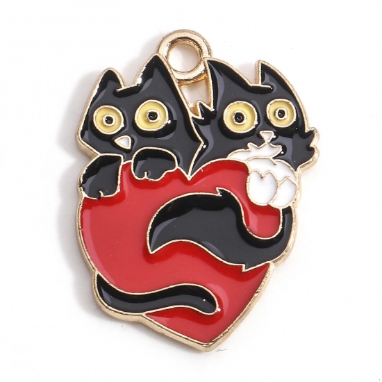 Picture of Zinc Based Alloy Halloween Charms Gold Plated Black & Red Cat Animal Heart Enamel 24mm x 18mm, 10 PCs