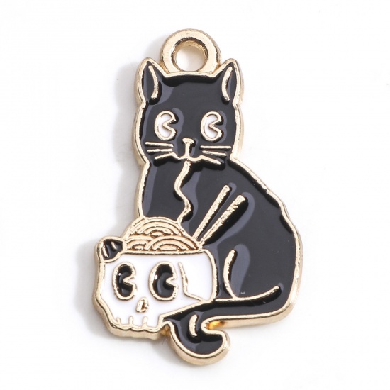 Picture of Zinc Based Alloy Halloween Charms Gold Plated Black & White Cat Animal Skull Enamel 25mm x 15mm, 10 PCs